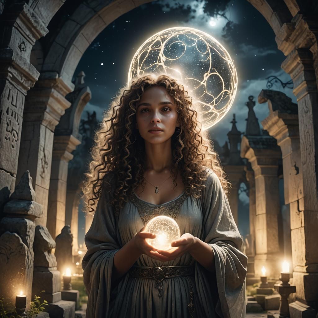 Woman with Mystical Sphere in Ancient Cemetery