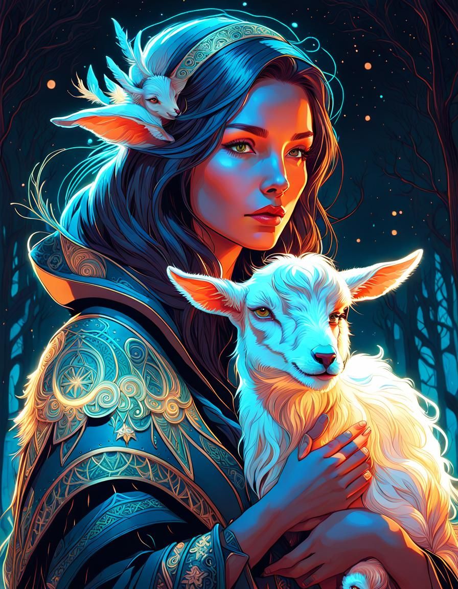 Neon Winter Witch Portrait in Digital Painting Style