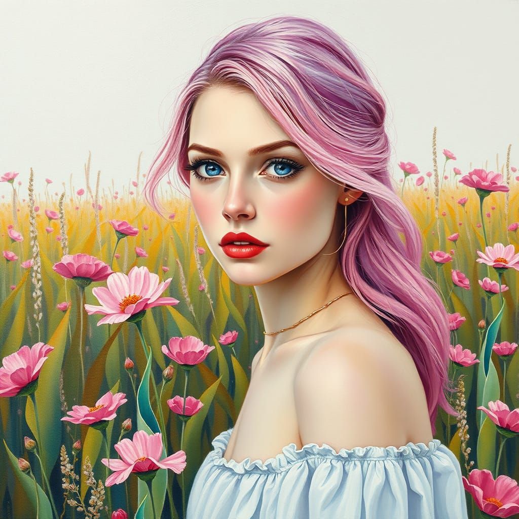 Pink Haired Woman in Impasto Flower Field
