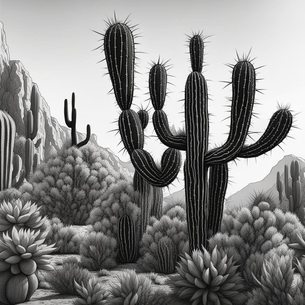 Detailed Cactus Plant in Black and White Doodle Art