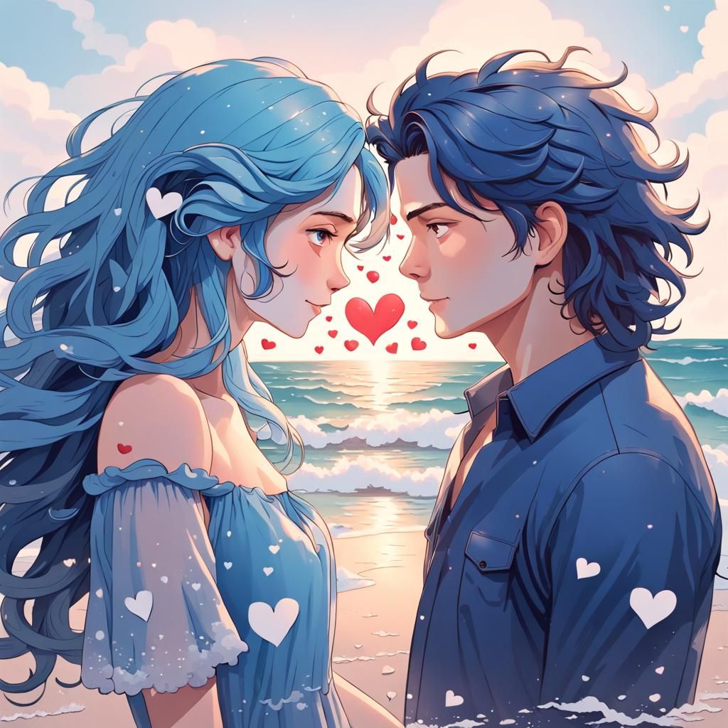 Blue Couple Staring at Each Other on Beach