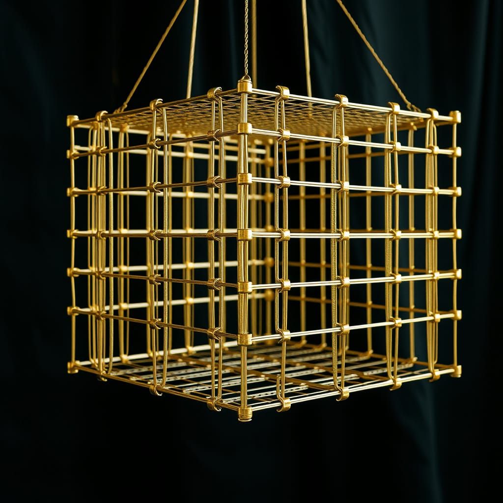 Gold Metallic Cube Suspended in Cinematic Style