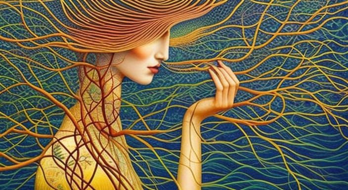Hybrid Woman in Forest Vines, Detailed Elegant Art