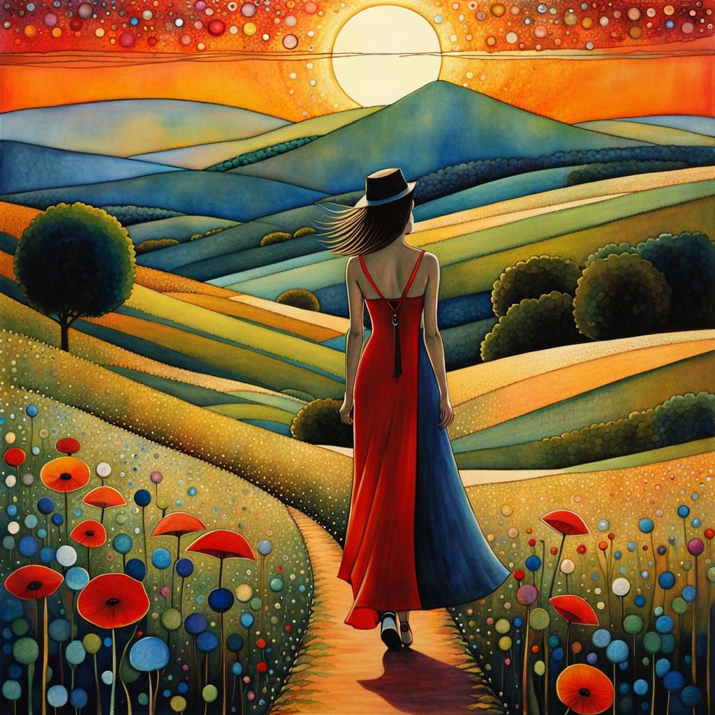 Girl Walking on Windy Hill in Art Brut Style