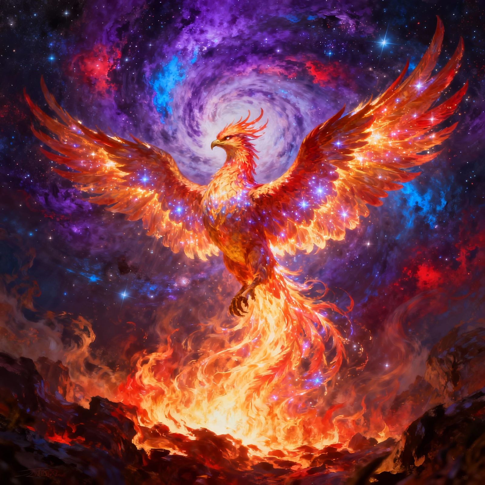 Majestic Phoenix Erupts From Fiery Inferno in Cosmic Vortex