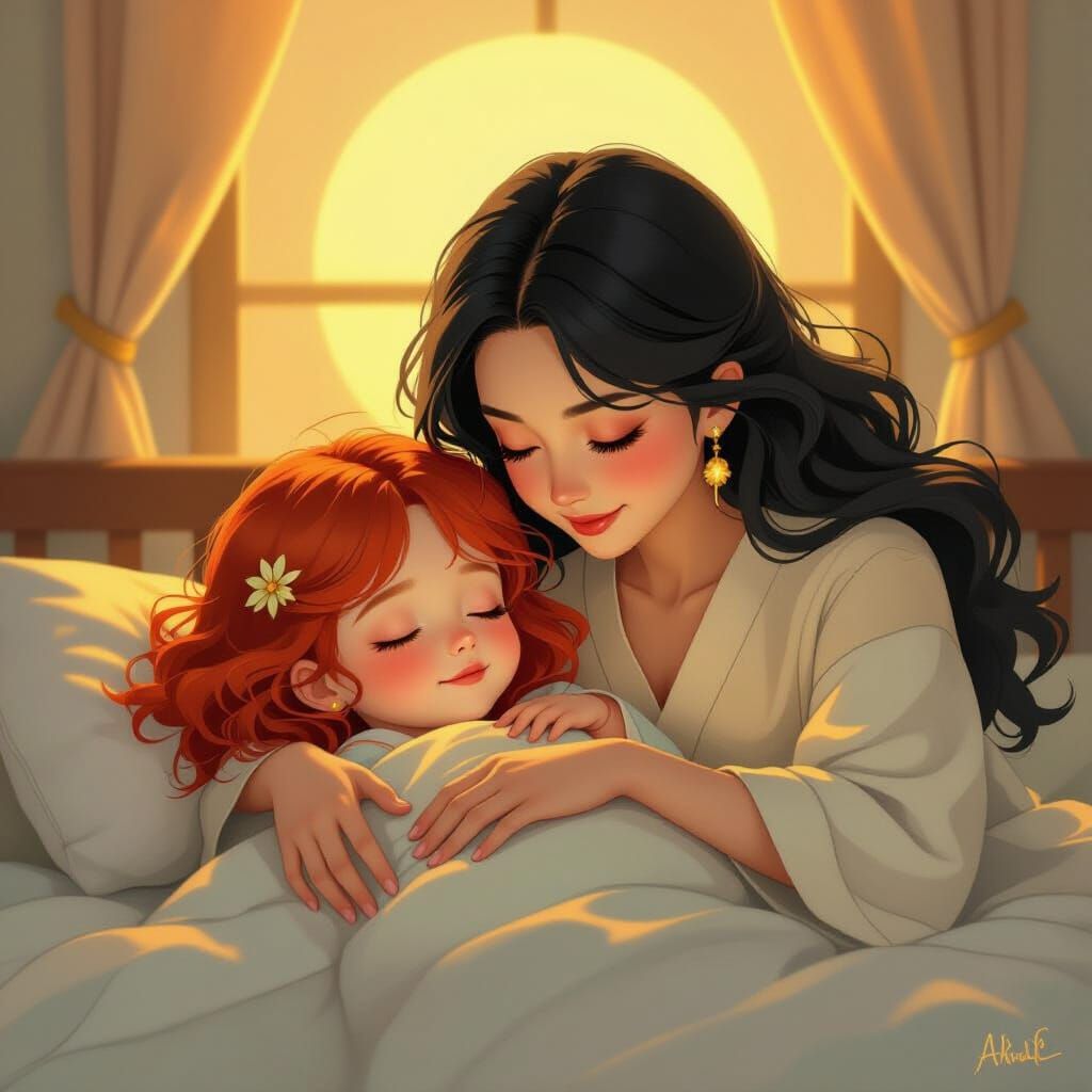 Mother Tucks Child Into Bed in Magical Realism Style