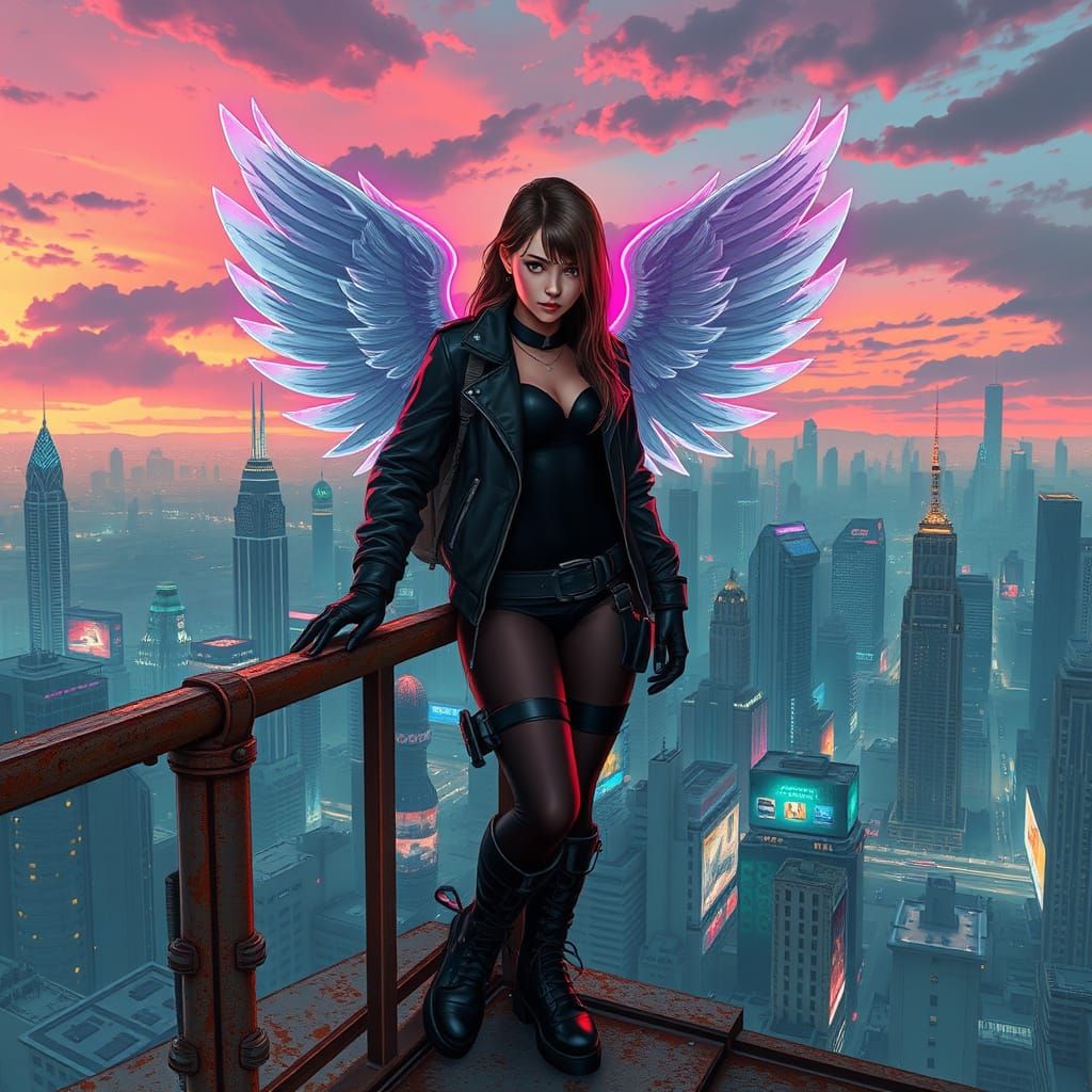Cyberpunk Goddess Leans on Rooftop Railing, Gazing at Citysc...