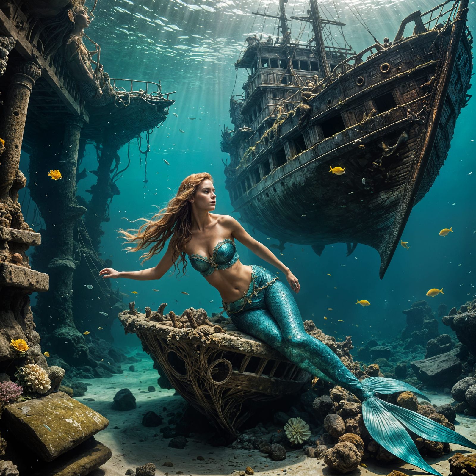 Mermaid Explores Shipwreck in Enchanted Digital Art
