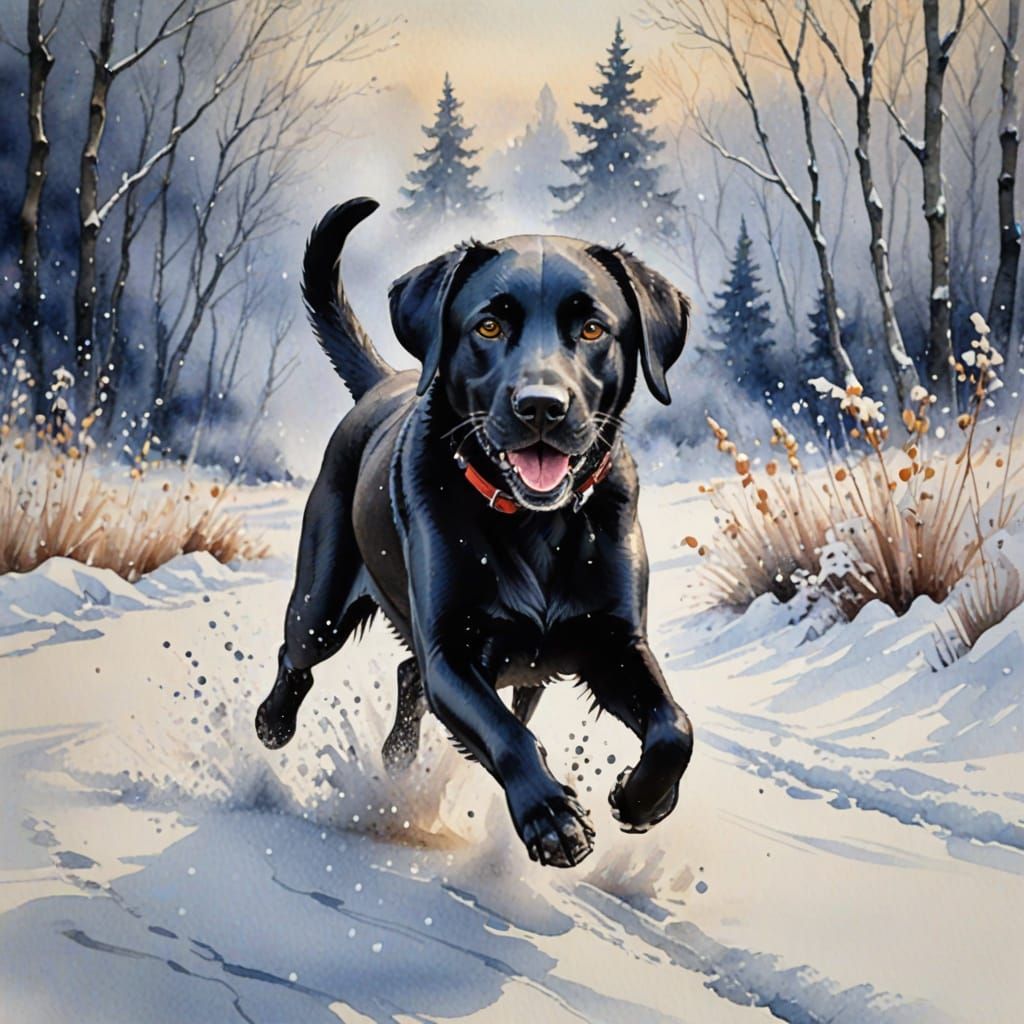 Black Labrador Running Through Snowy Landscape in Watercolou...
