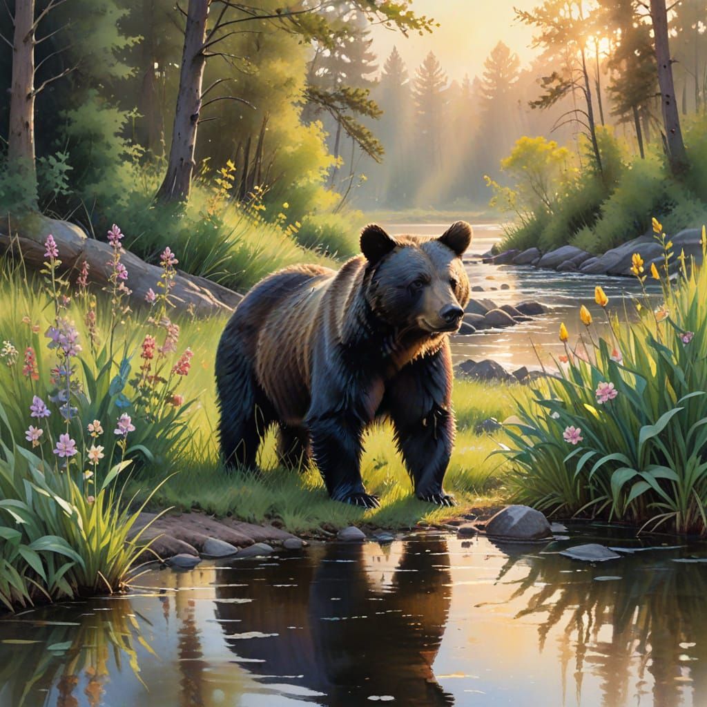 Black Bear and Cub Watch Spring Sunrise in Watercolor