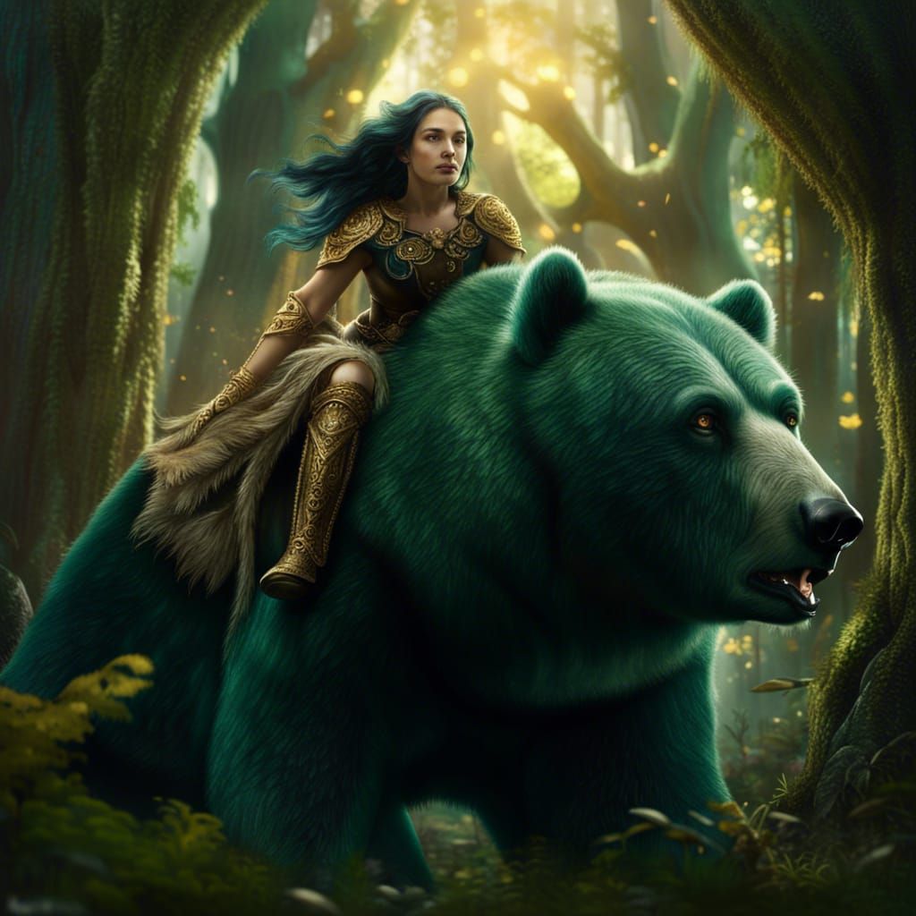 Maiden Rides Bear Through Enchanted Forest