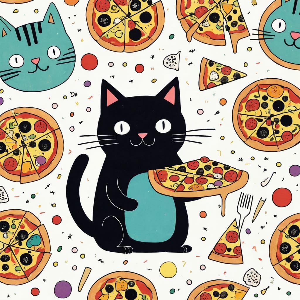 Cat Eating Pizza in Cartoon Style