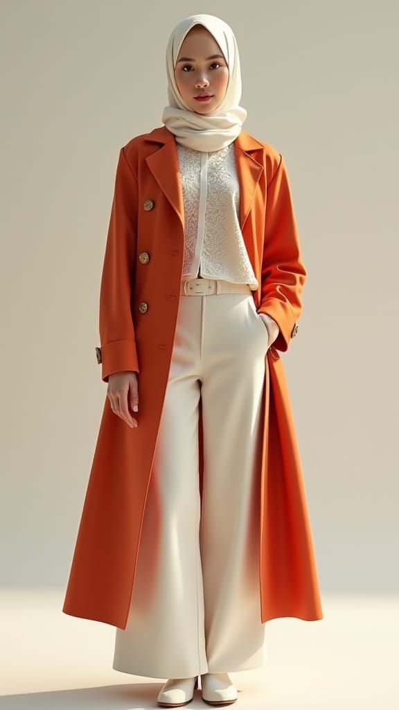 Muslim Woman in Tomato Cream Coat, Digital Art