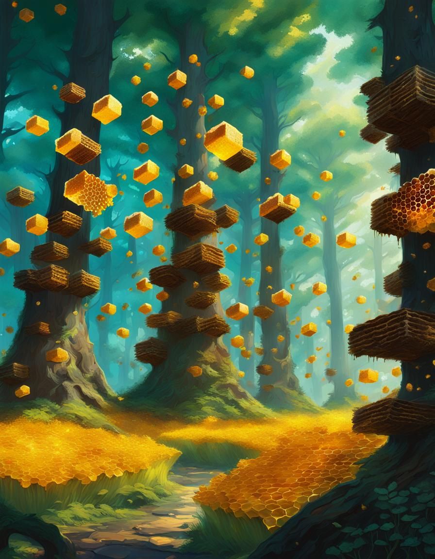 Mysterious Forest of Honey and Honeycombs in Vibrant Express...