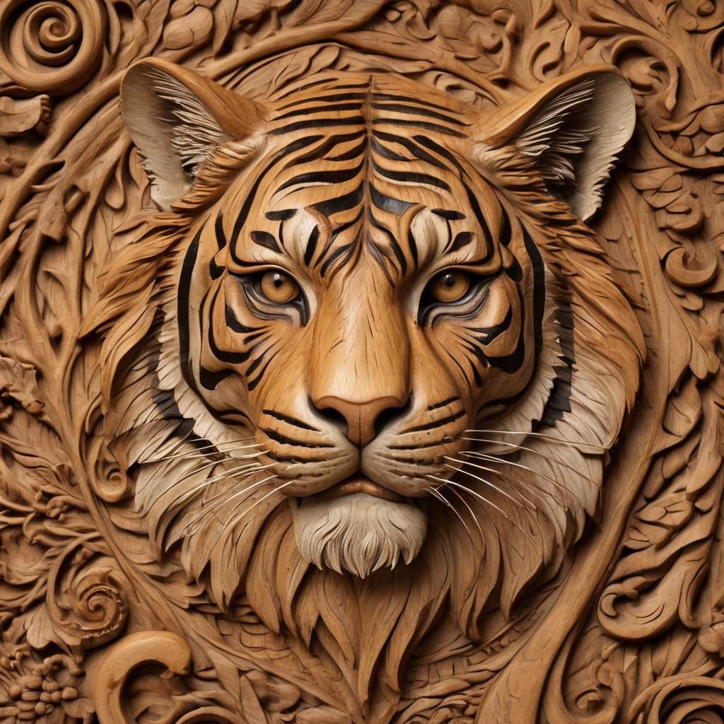 Detailed Wood Carving of a Tiger