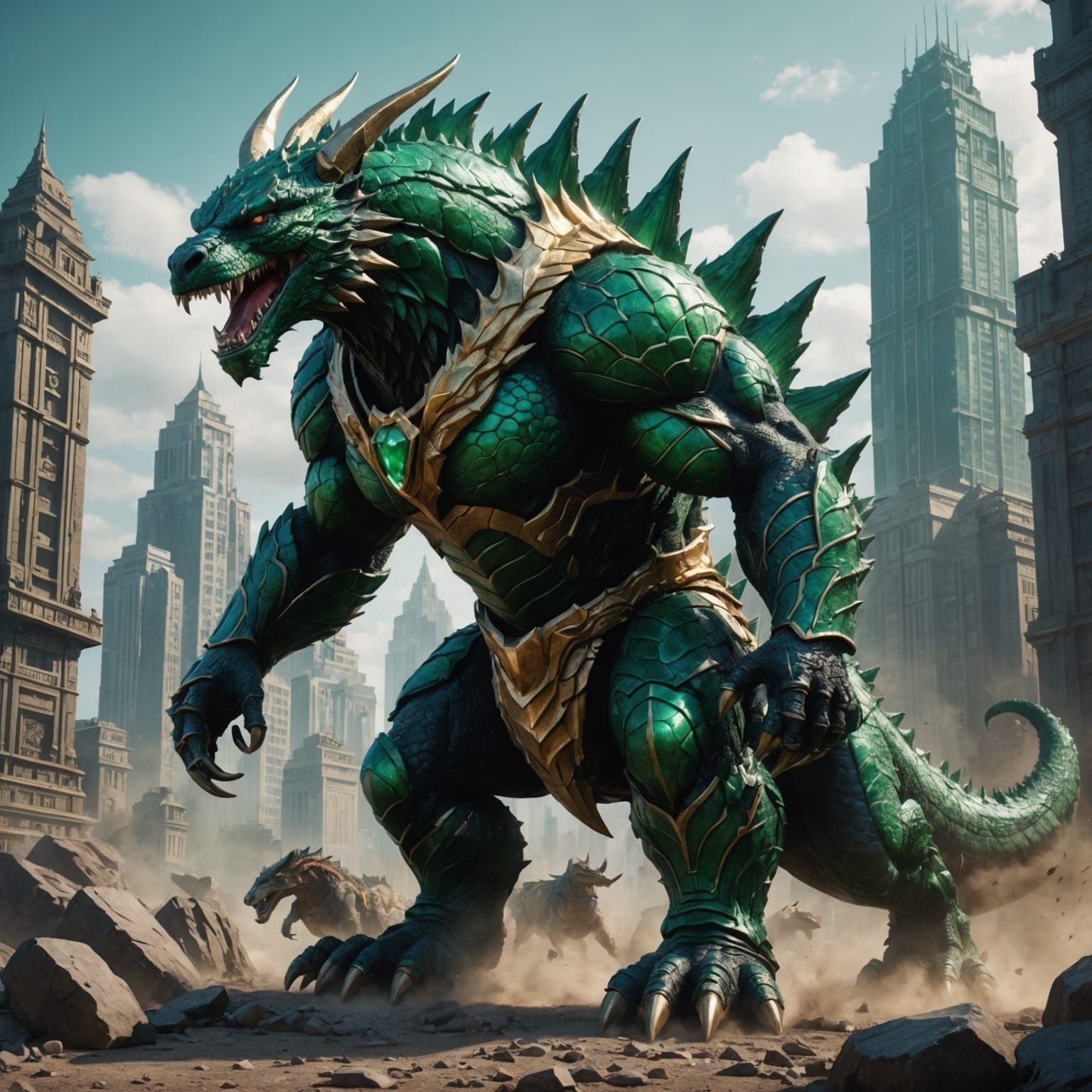 Emerald Anubis Godzilla Dragon: Detailed Matte Painting