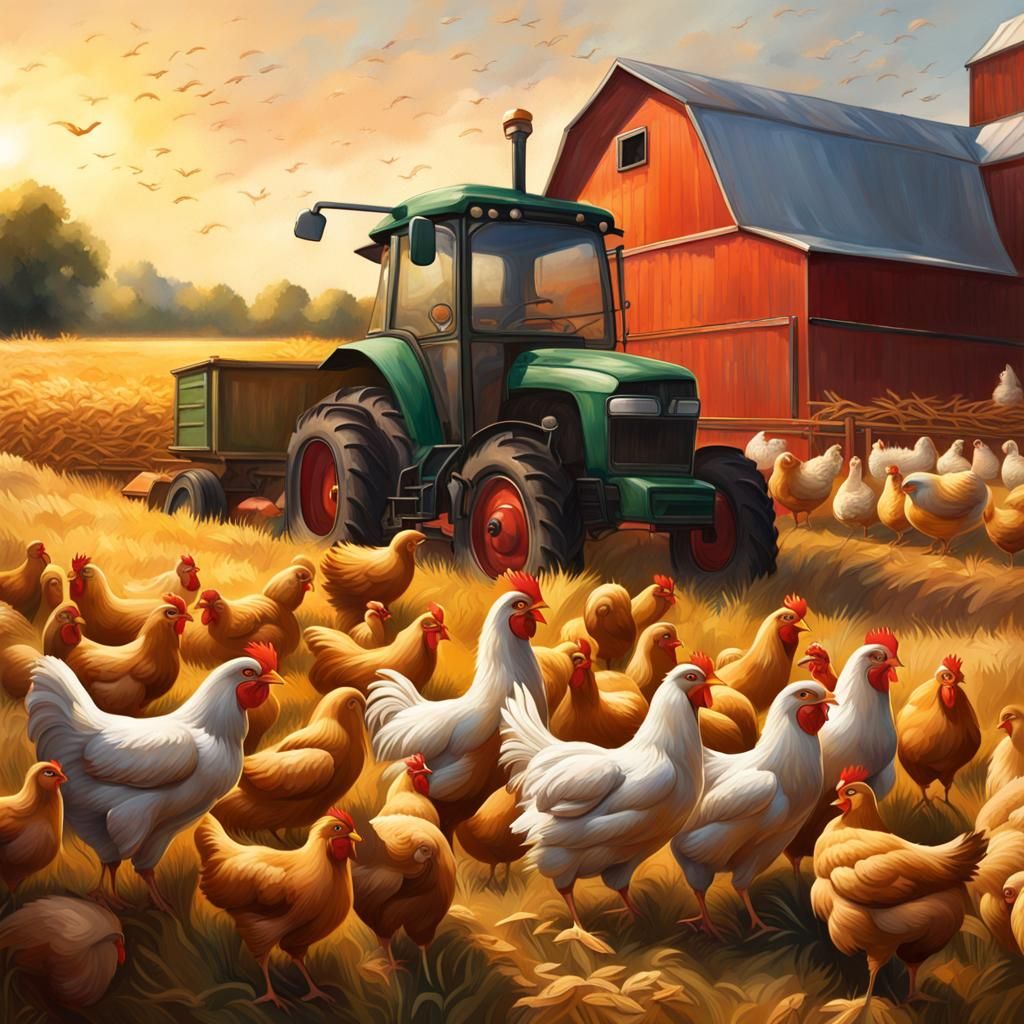 Hyperrealistic Farm Scene with Chickens and Tractor