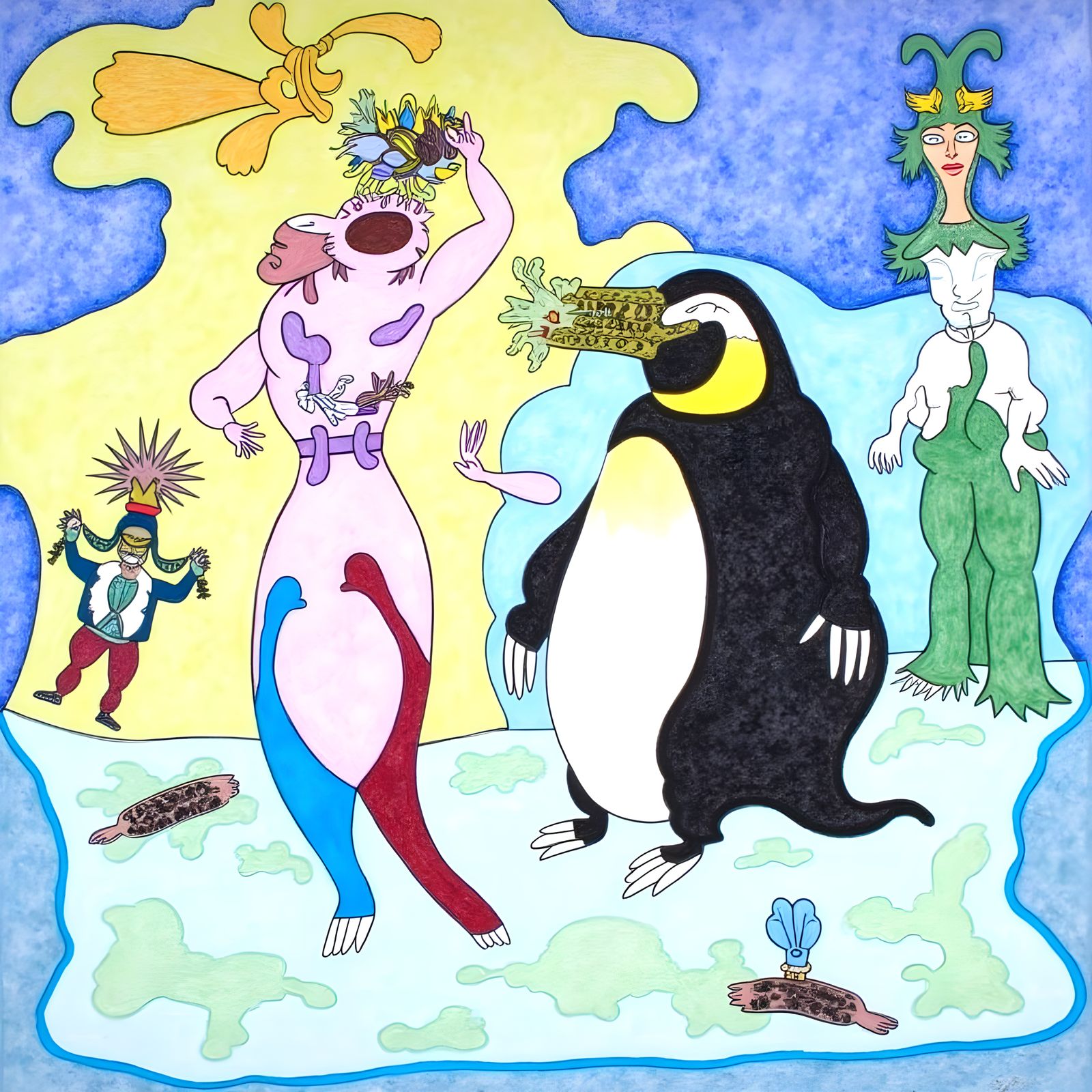 Whimsical Ice Queen Meets Giant Penguin in Vibrant Urban Lan...