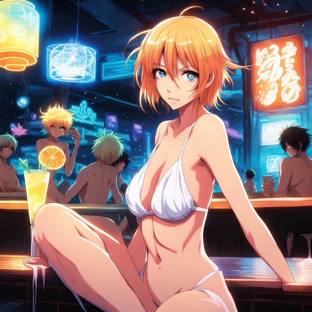 Bioluminescent Anime Princess in Neon Cafe