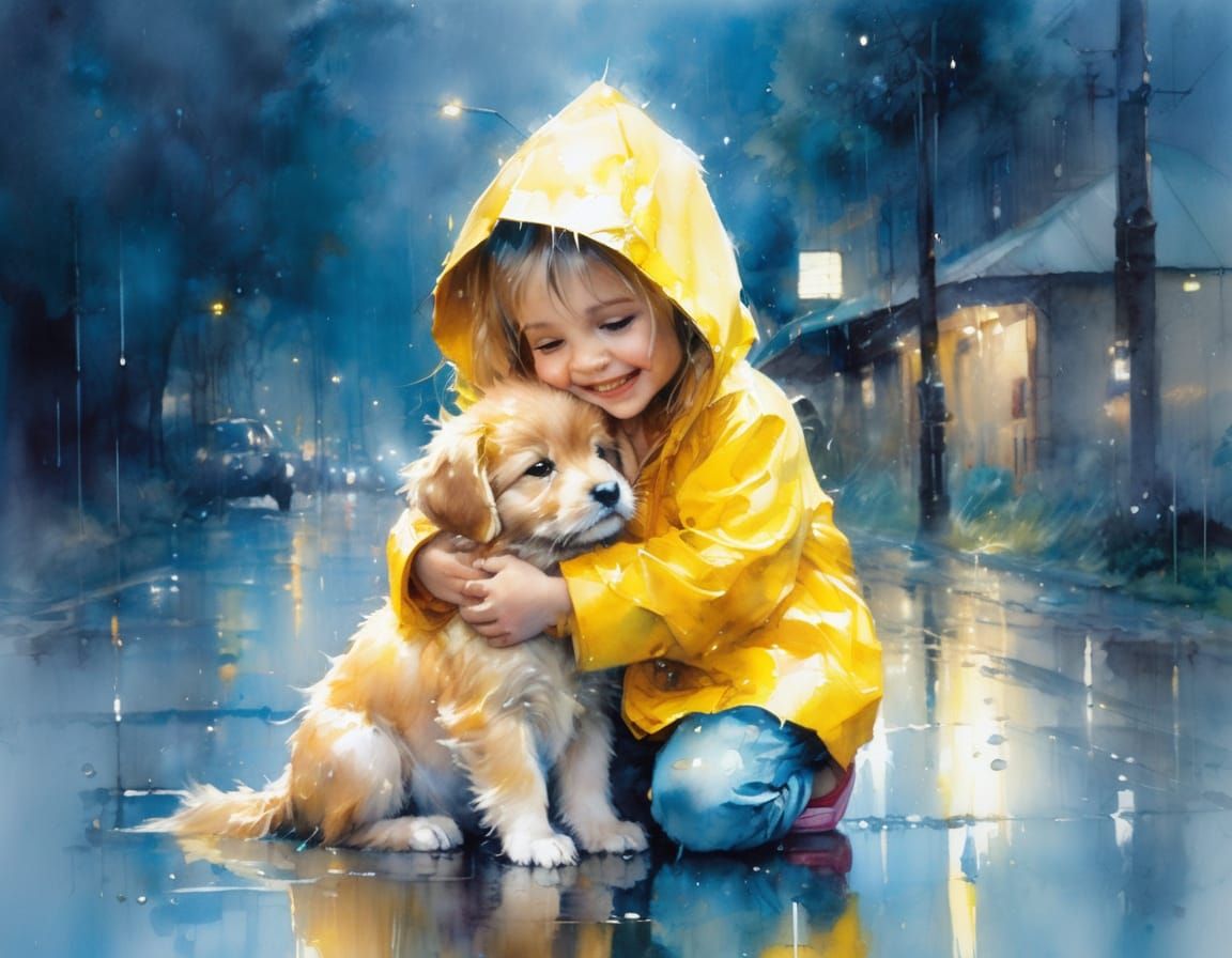 Heartwarming Watercolor of Child Hugging Puppy