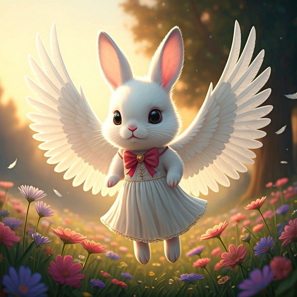 Flying White Bunny in Anime Style Meadow