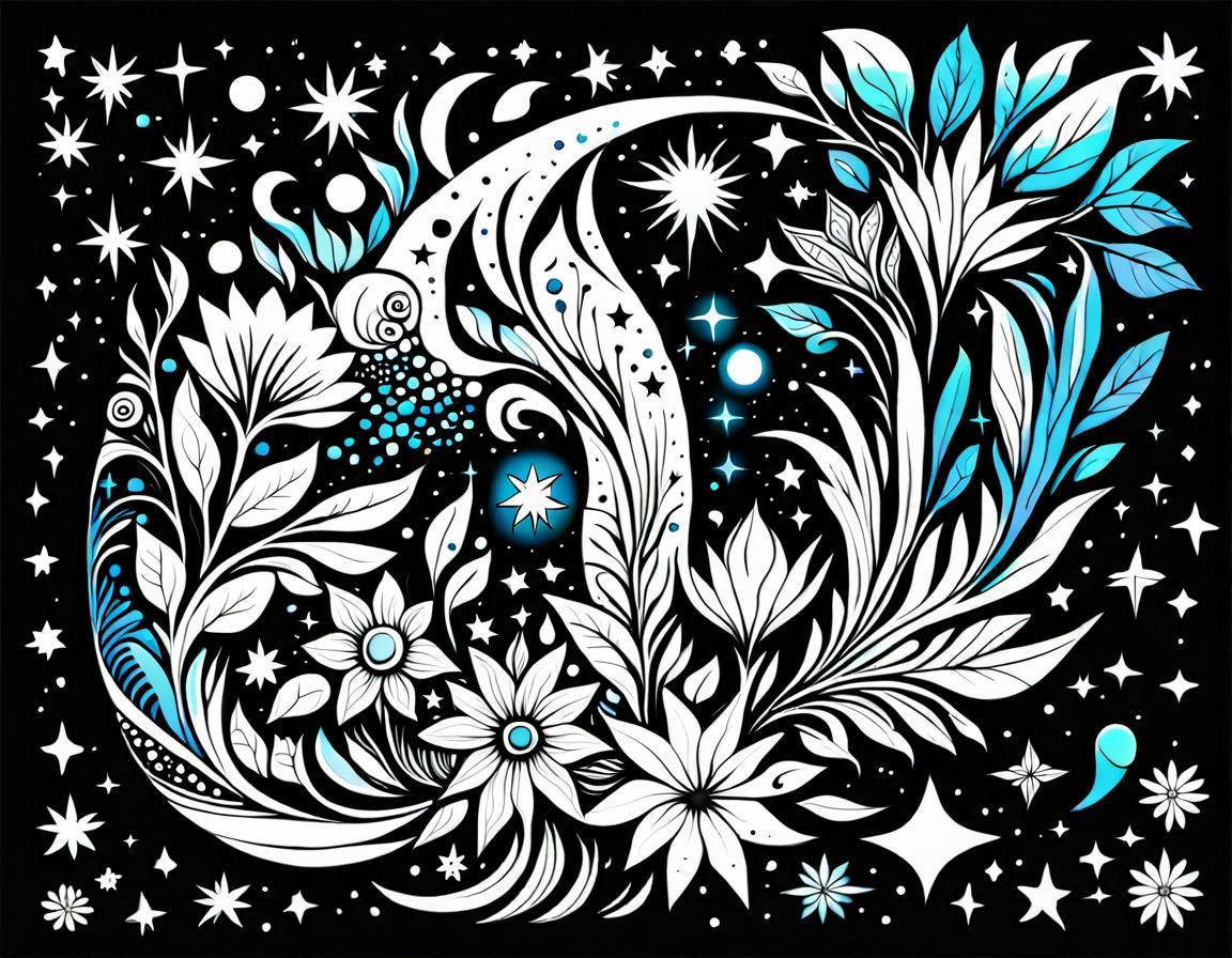 Cosmic Moon and Star Flowers in Fine Line Art