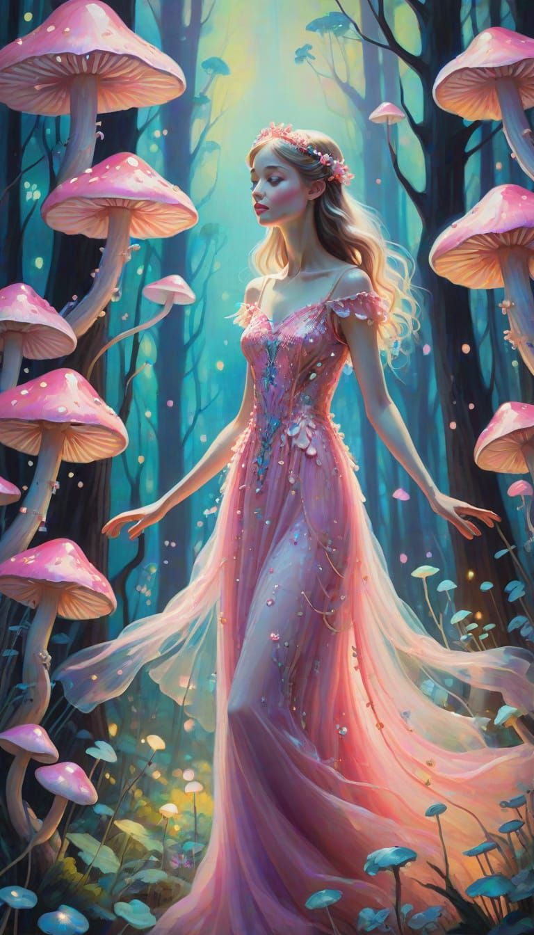 Fauvist Fairy Hovering Above Bioluminescent Mushrooms