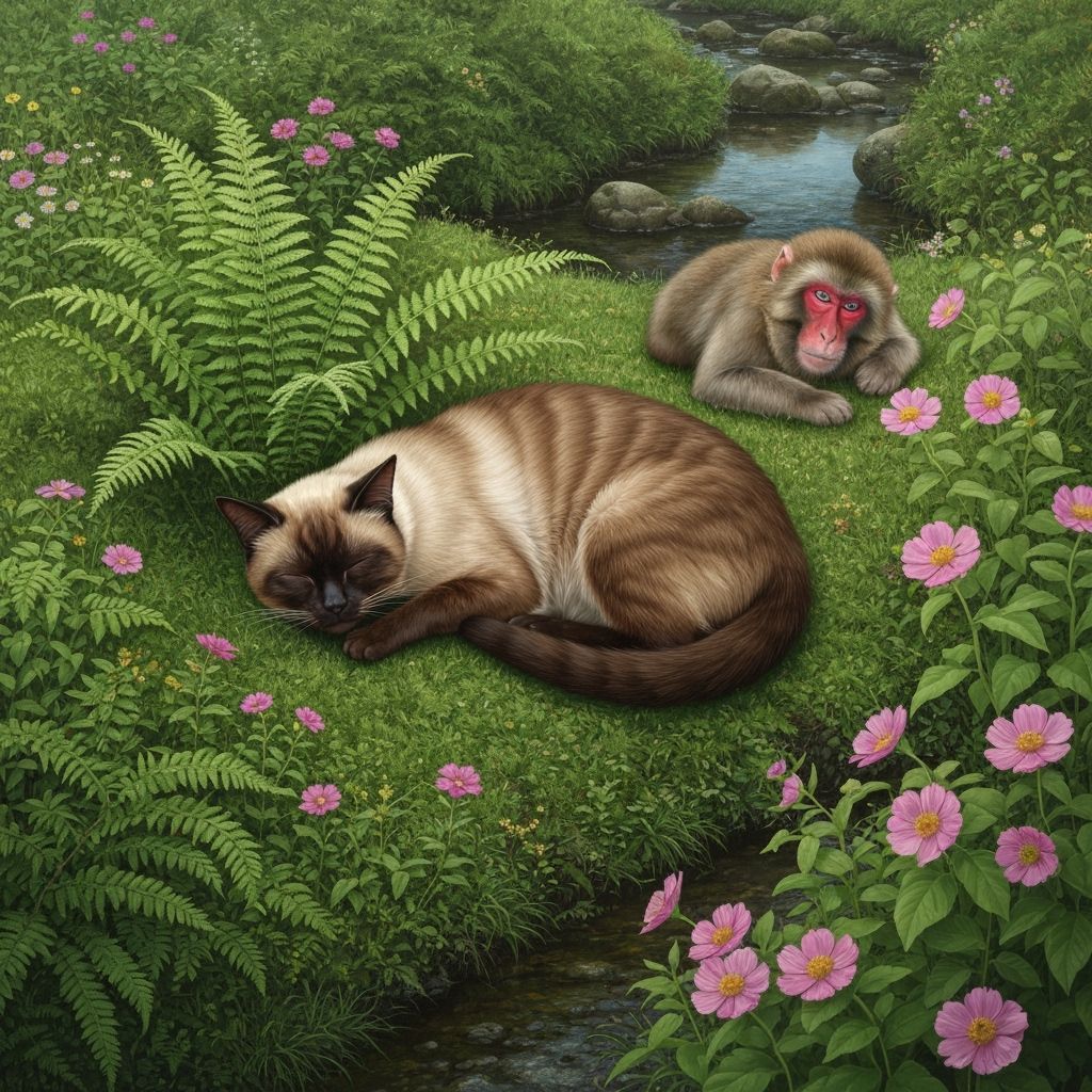 Siamese Cat and Macaque Nap by Creek in Rural Japan