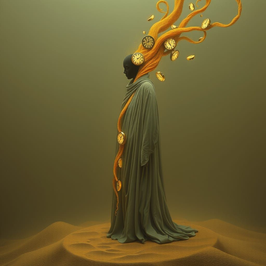 Surreal Figure Dissolving into Golden Sand