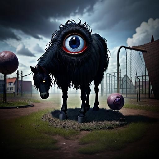Surreal Eyeball Watches Demonic Horse in Playground