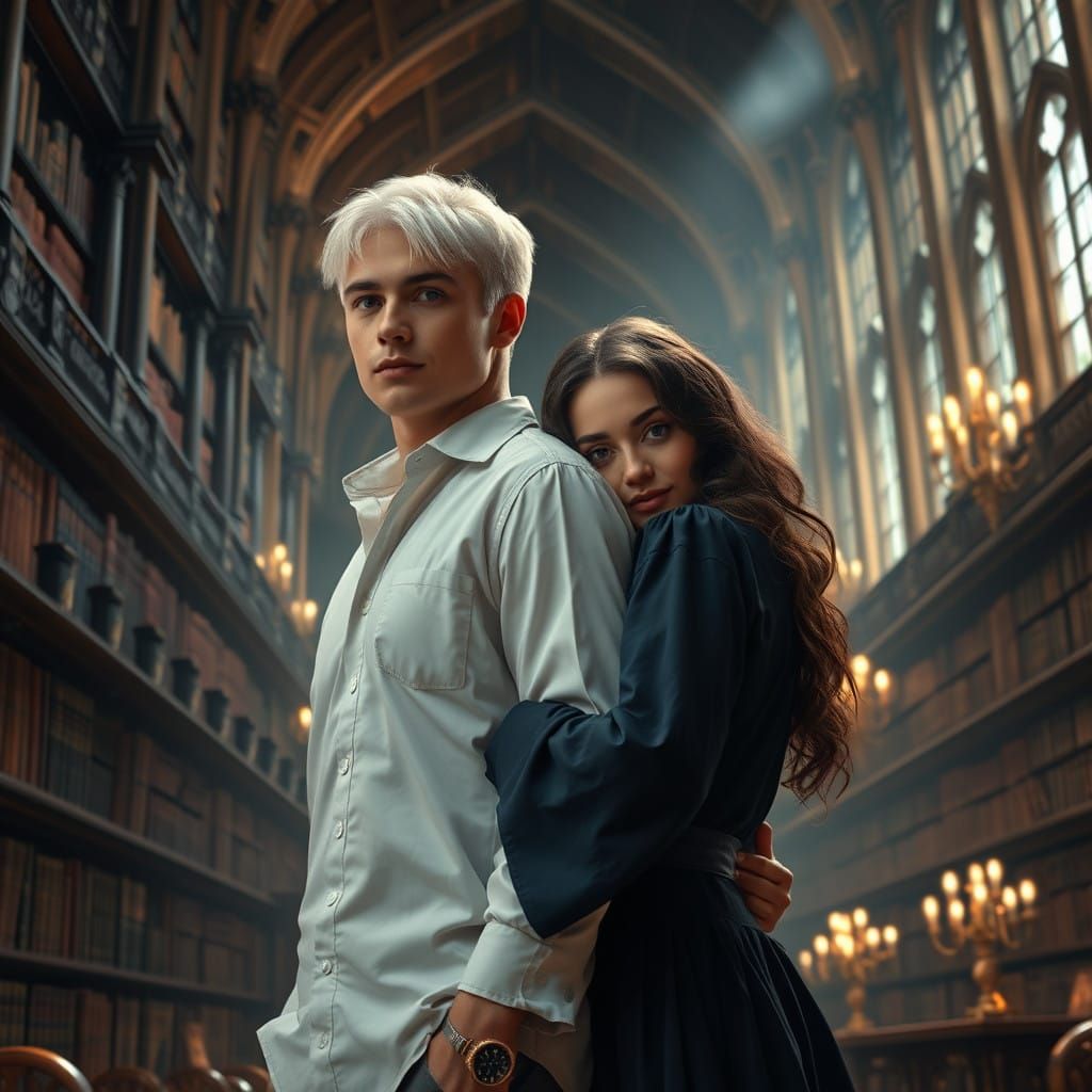 Elegant Couple in Hogwarts Castle Library