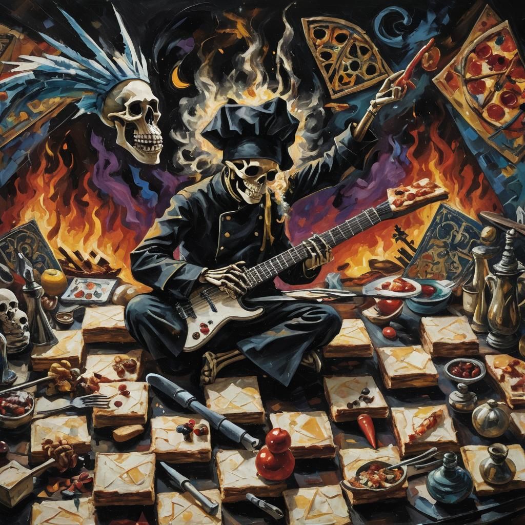 Cubist Skeleton Chef Designs a Pizza