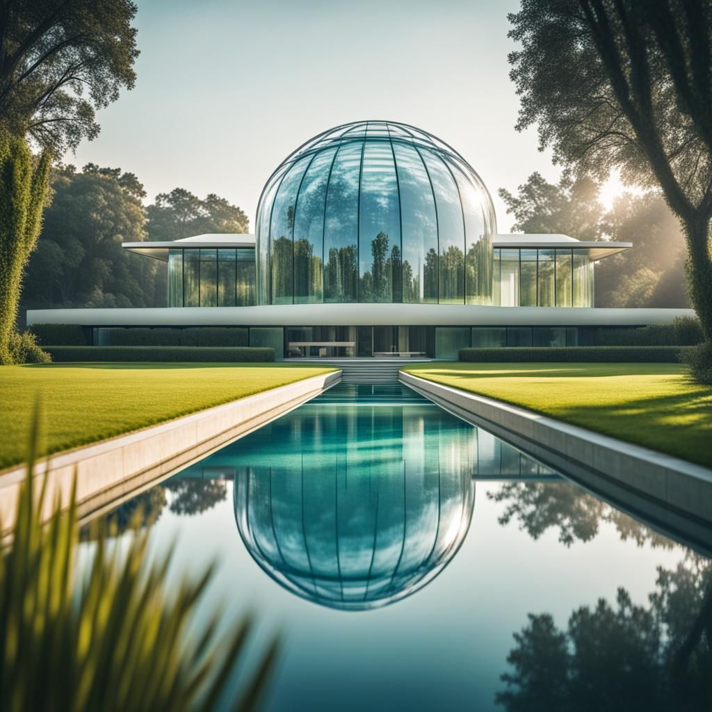 Surreal Futuristic Glass Palace Reflects Upon Serene Lawn Ma...