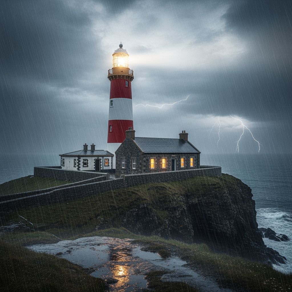 Irish Coast Lighthouse in Rainstorm