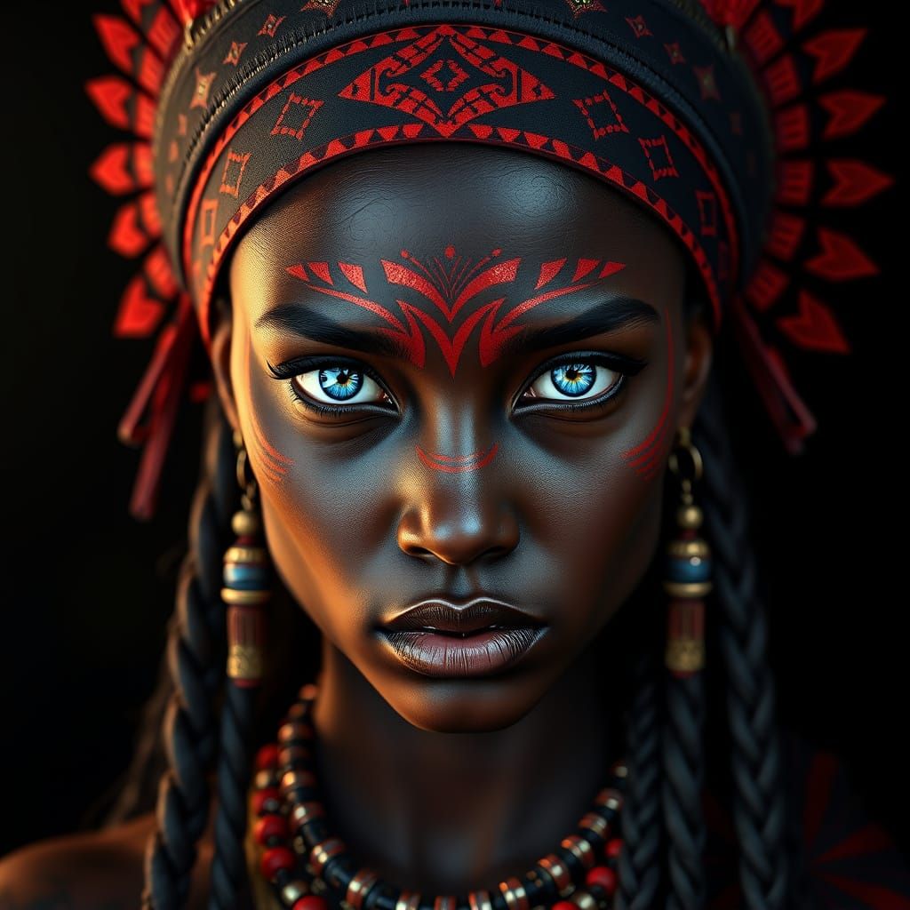 Elegant Dark Skinned Woman with Tribal Face Paint and Ornate...