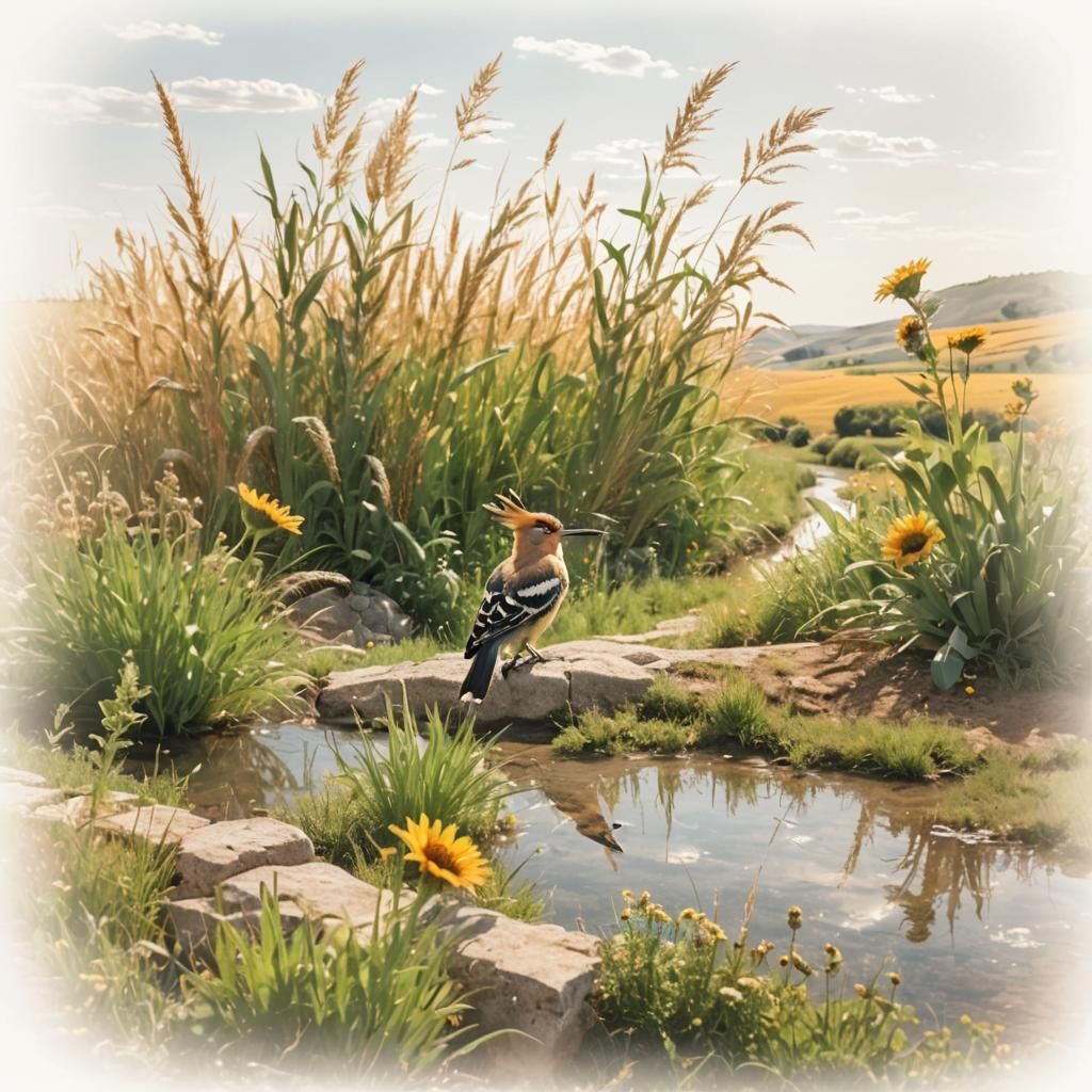 Hoopoe Overlooks Rural Landscape in Hyperrealistic Photo