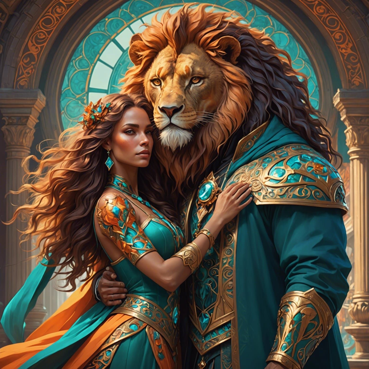 Lion Man with Fantasy Woman in Dynamic Lighting