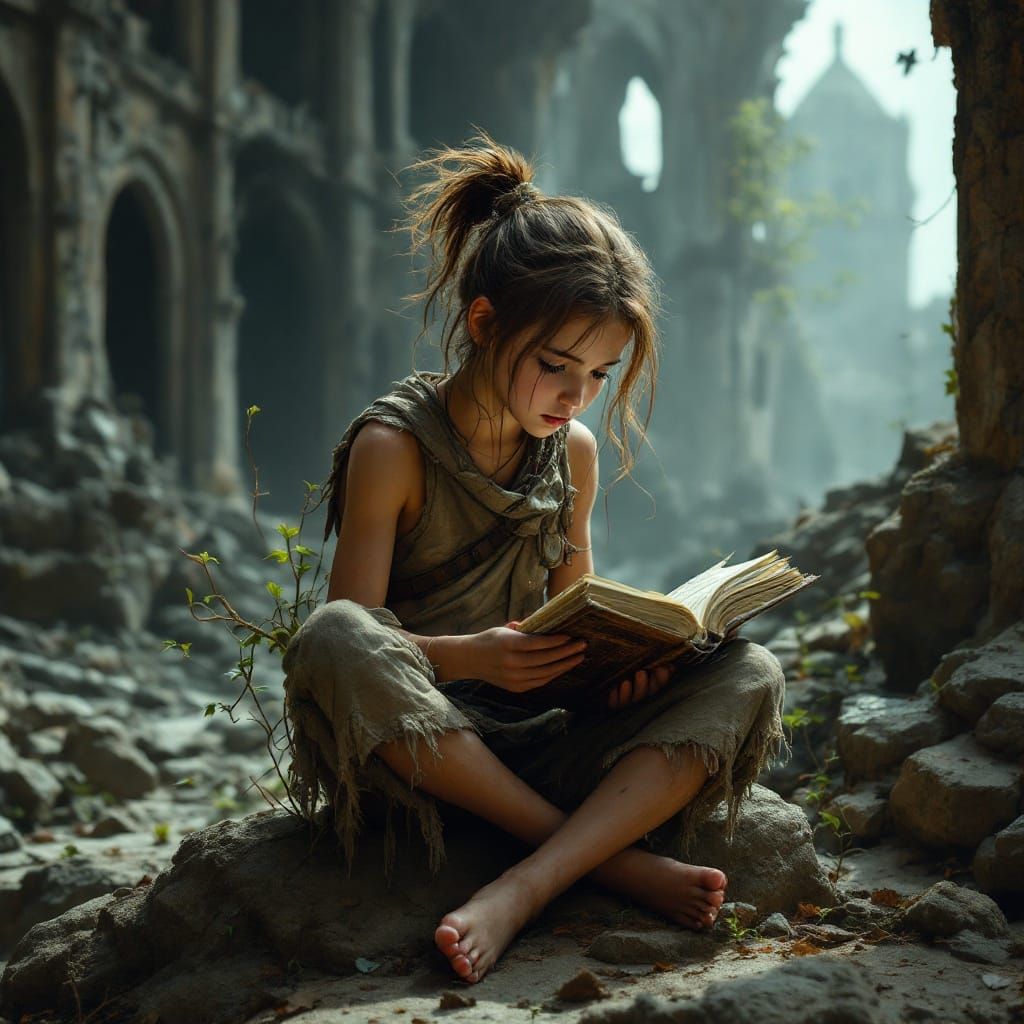 Post-Apocalyptic Girl in Ruined Library
