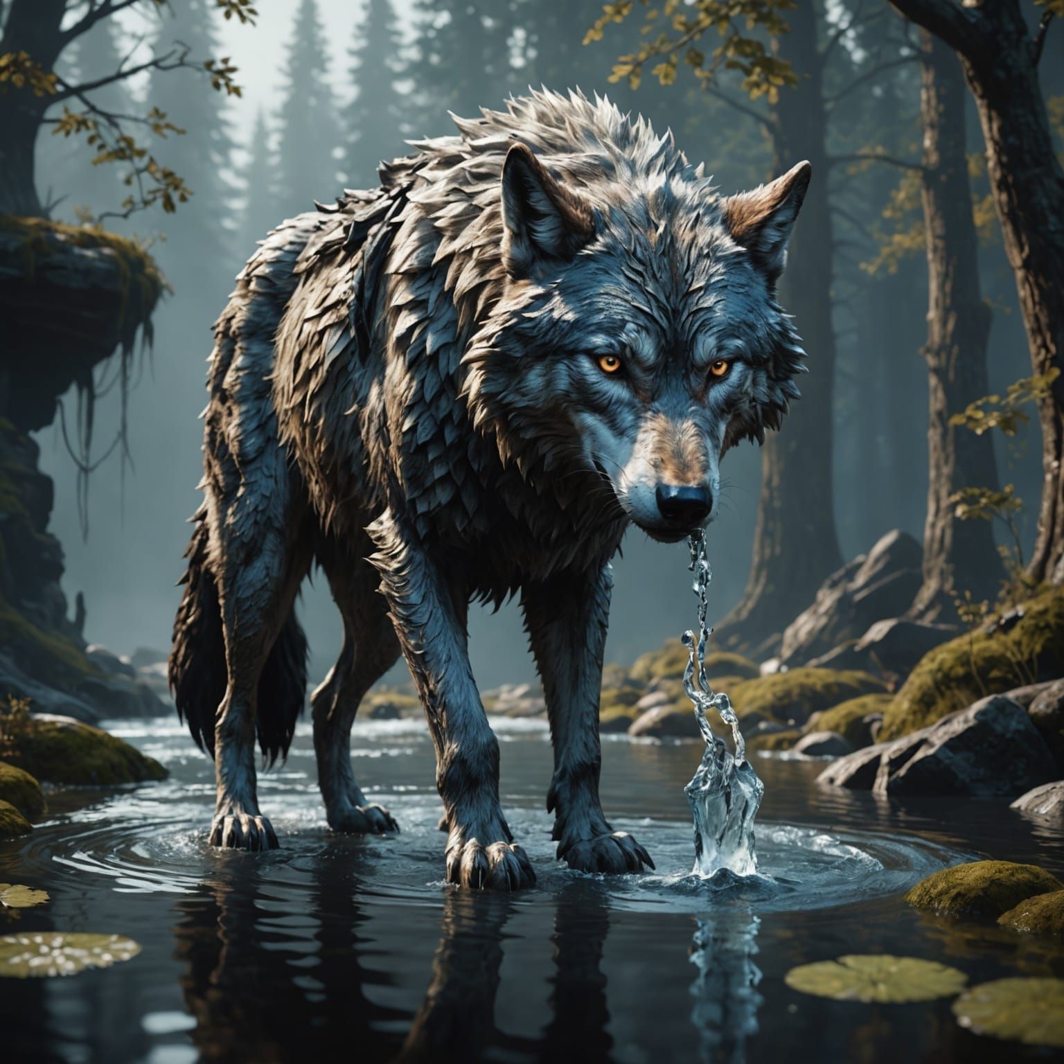 Detailed Painting of Wolf Drinking Water