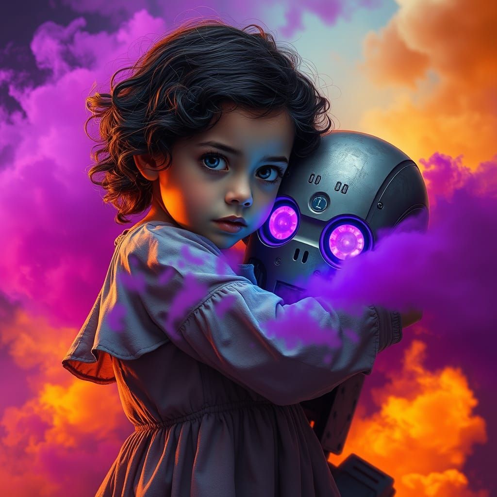 Little Girl Comforts a Smoldering Robot in Hyperrealistic Sc...