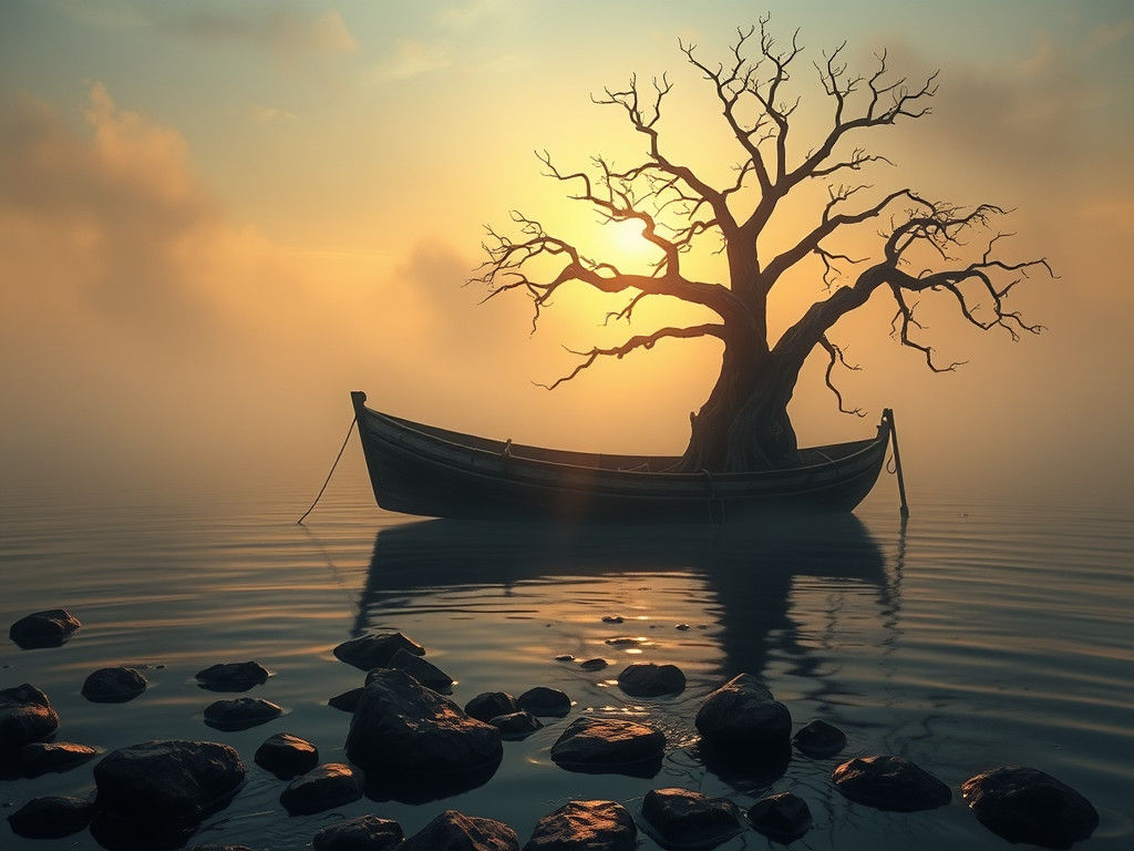 Misty Lagoon Sunset: Fishing Boat Fantasy Art