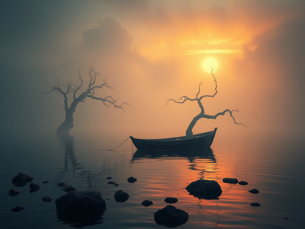 Fishing Boat on Lagoon at Sunset in Macabre Style