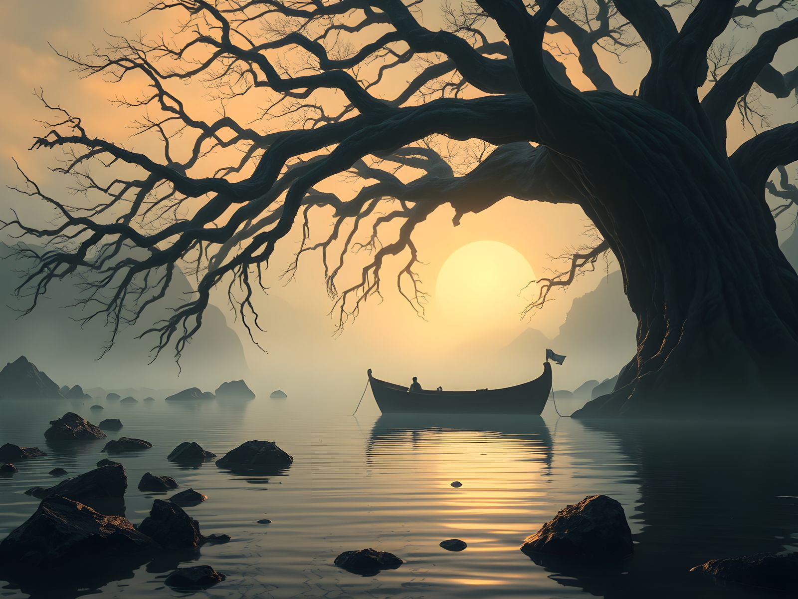 Spooky Fishing Boat on Lagoon at Sunset