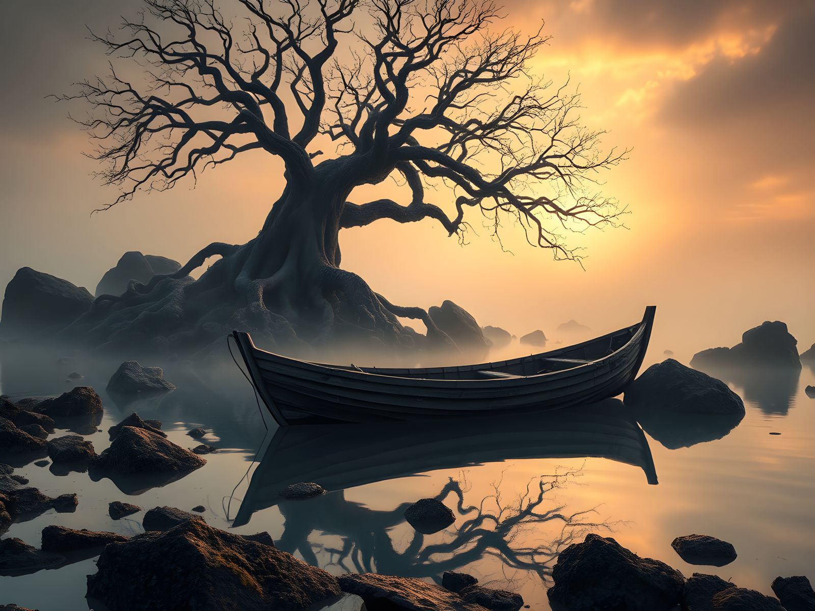 Mysterious Fishing Boat on Spooky Lagoon at Sunset