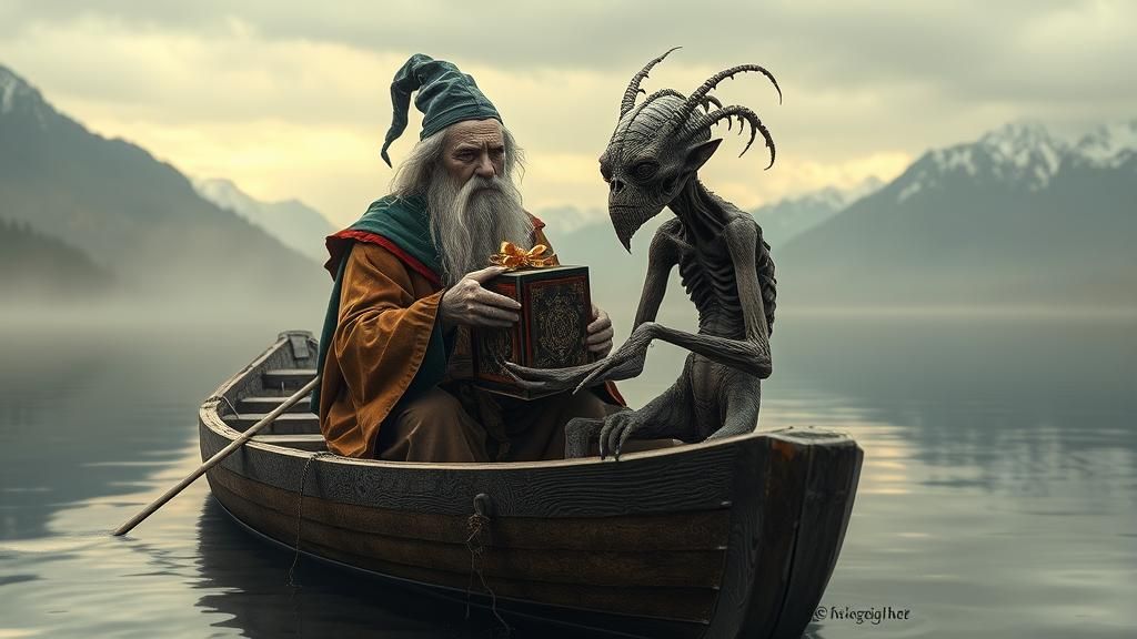 Wizard Offers Gift to Creature on Misty River