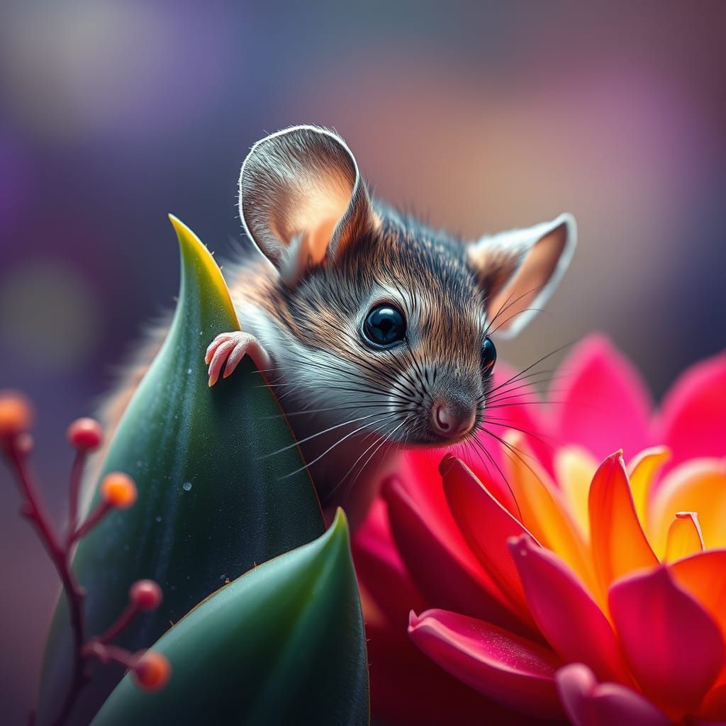 Timid Mouse Peering Around Blooming Plant
