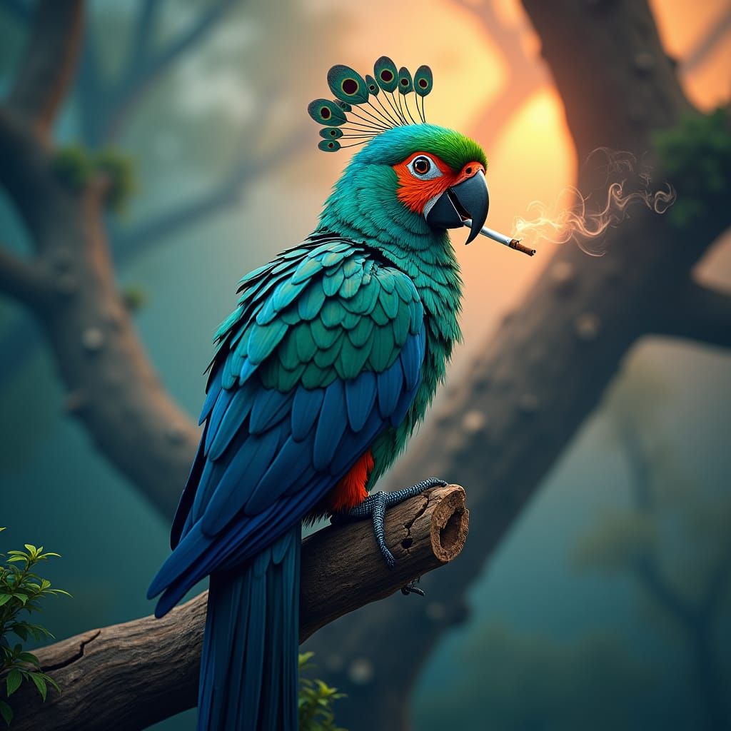 Macaw with Peacock Headdress and Cigarette: Fantasy Art