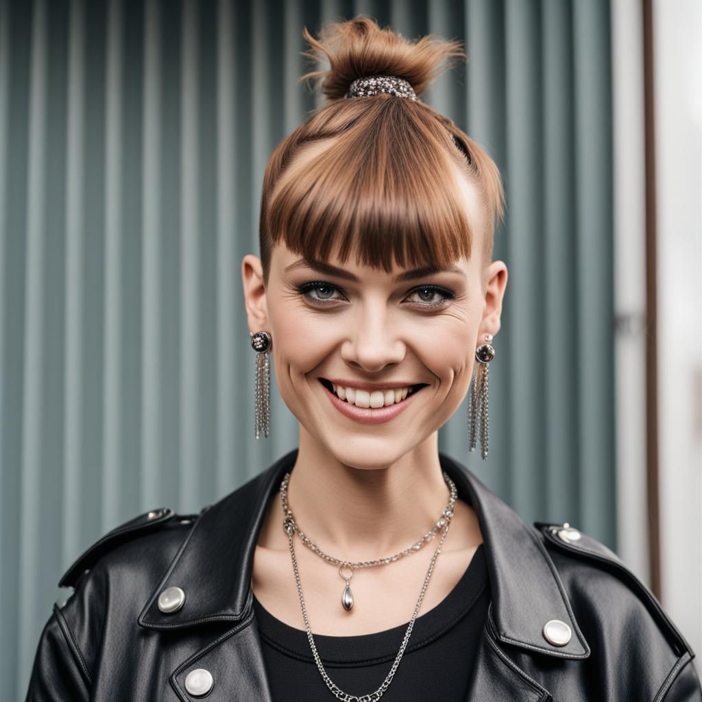 Punk Woman with Ponytail Smiling at Camera