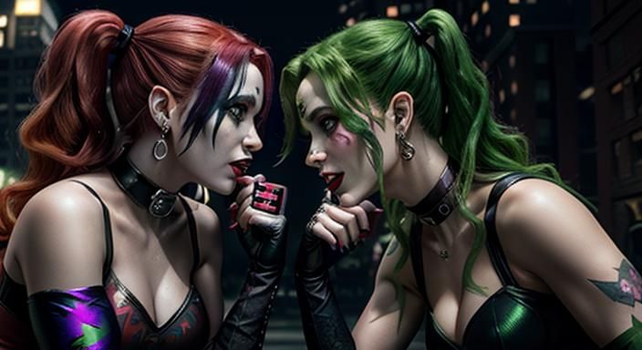 Harley Quinn and Poison Ivy are together, fighting in Gotham. Each has a shield that represents their identity and hear...