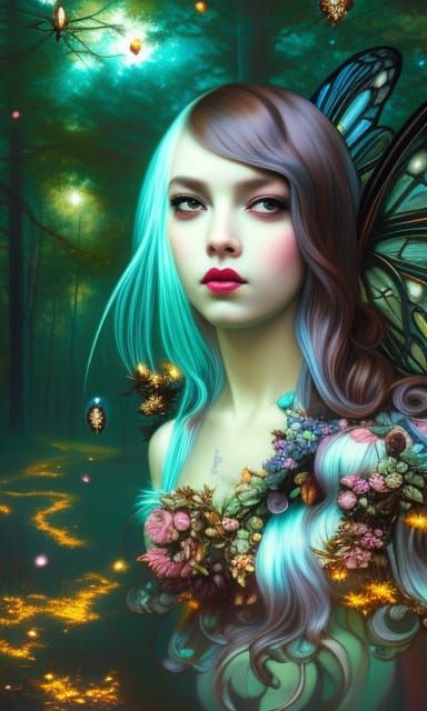 Punk Fairy in Forest, Surreal Digital Portrait